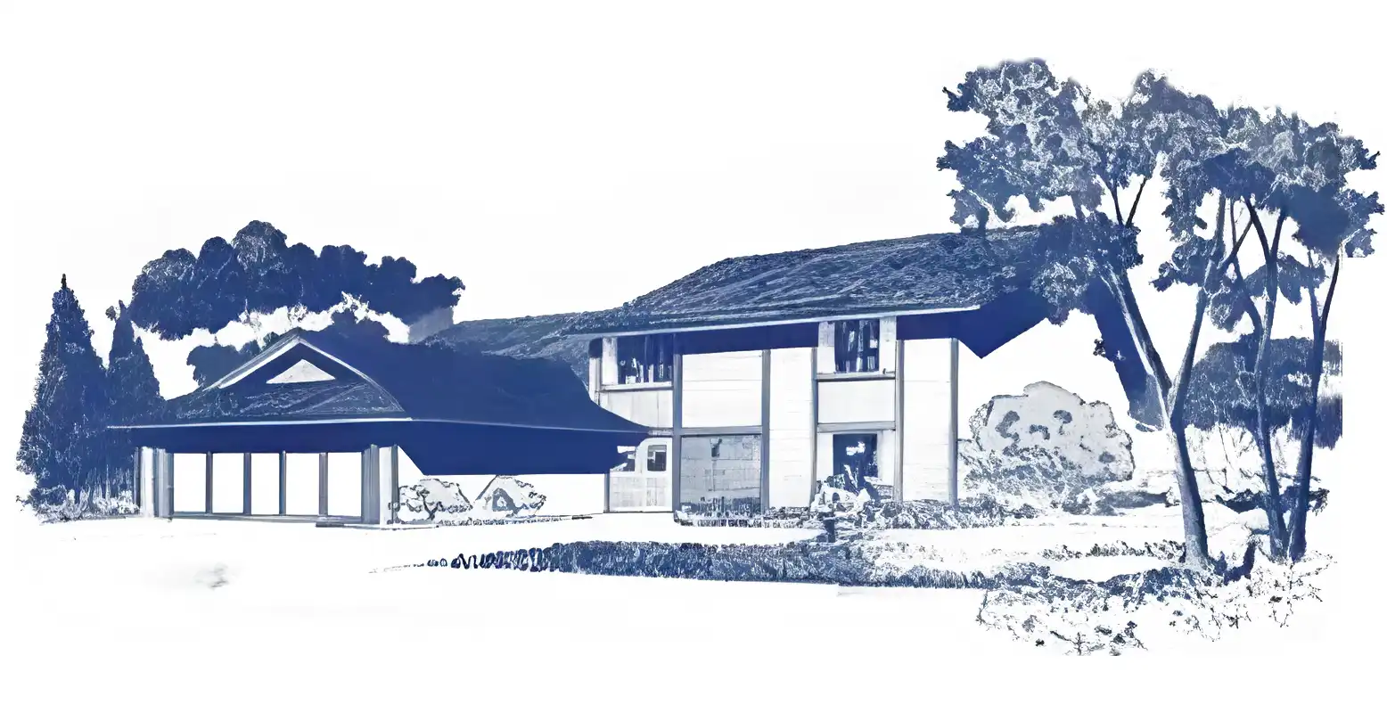 Monochrome rendering of 1960s 2 story house, variant combining dutch gabled garage and gabled main house with rustic half-timber details.