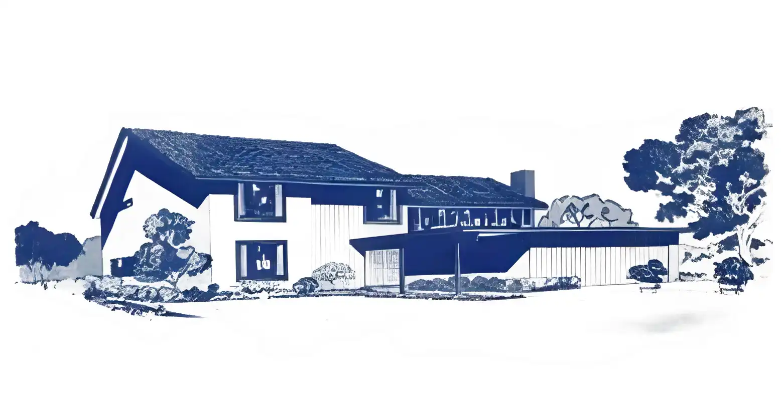 Monochrome rendering of 1960s 2 story house, variant with flat roofed garage and gabled main house.