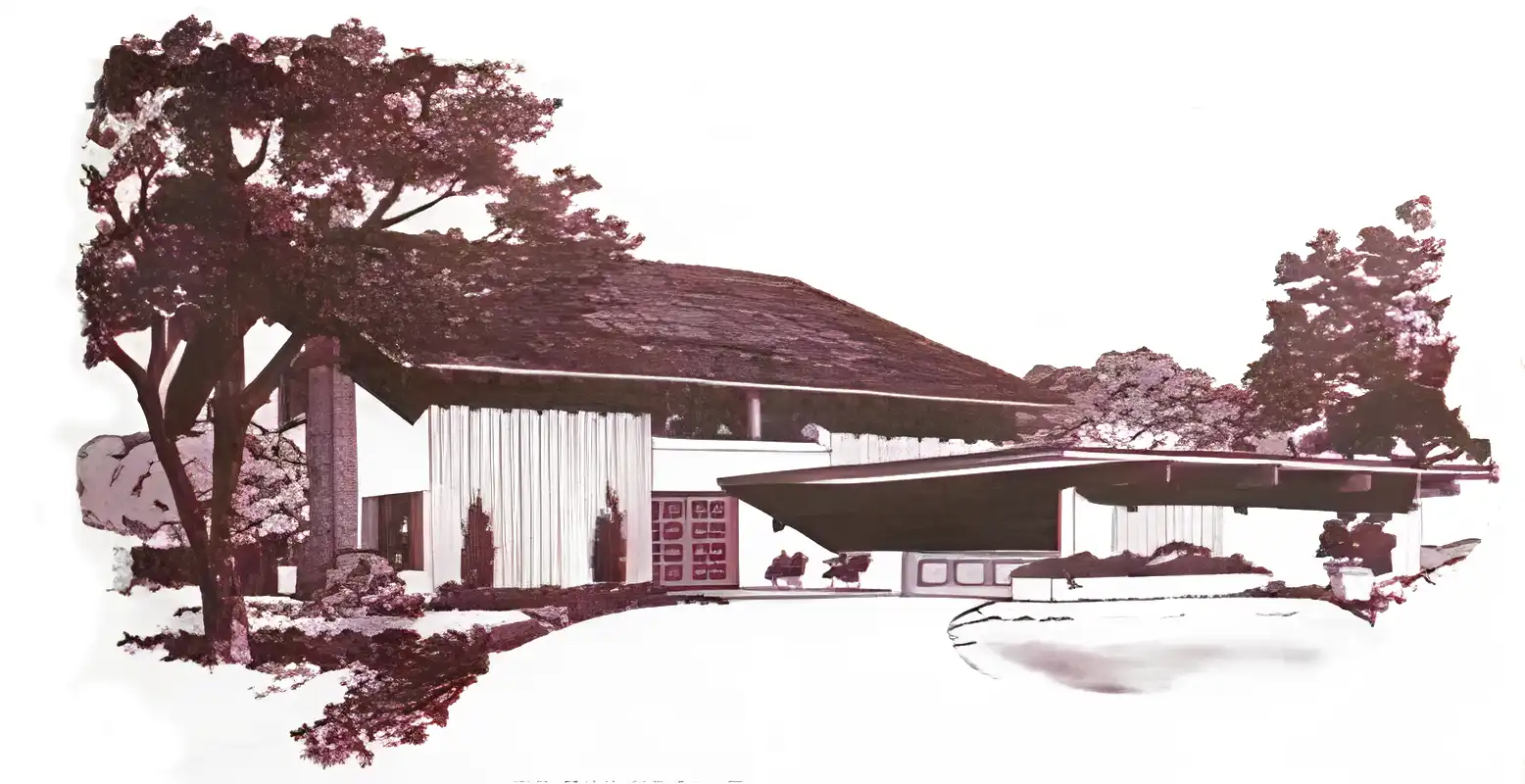 Monochrome rendering of 1960s 2 story house, variant combining gable roof with flat roofed garage.