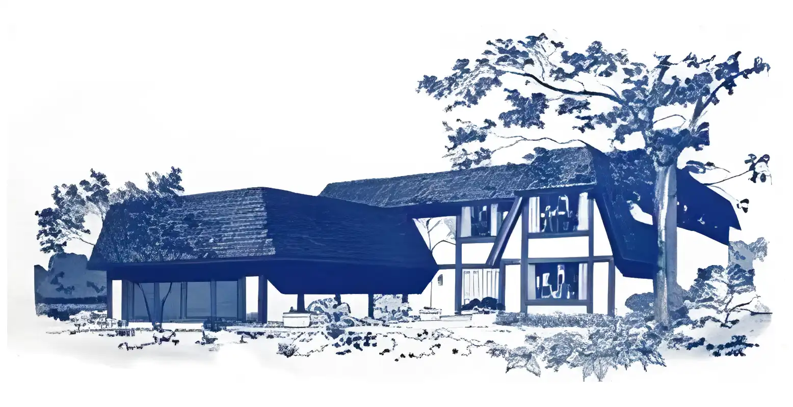Monochrome rendering of 1960s 2 story house, variant with mansard roofs and rustic half-timber details.