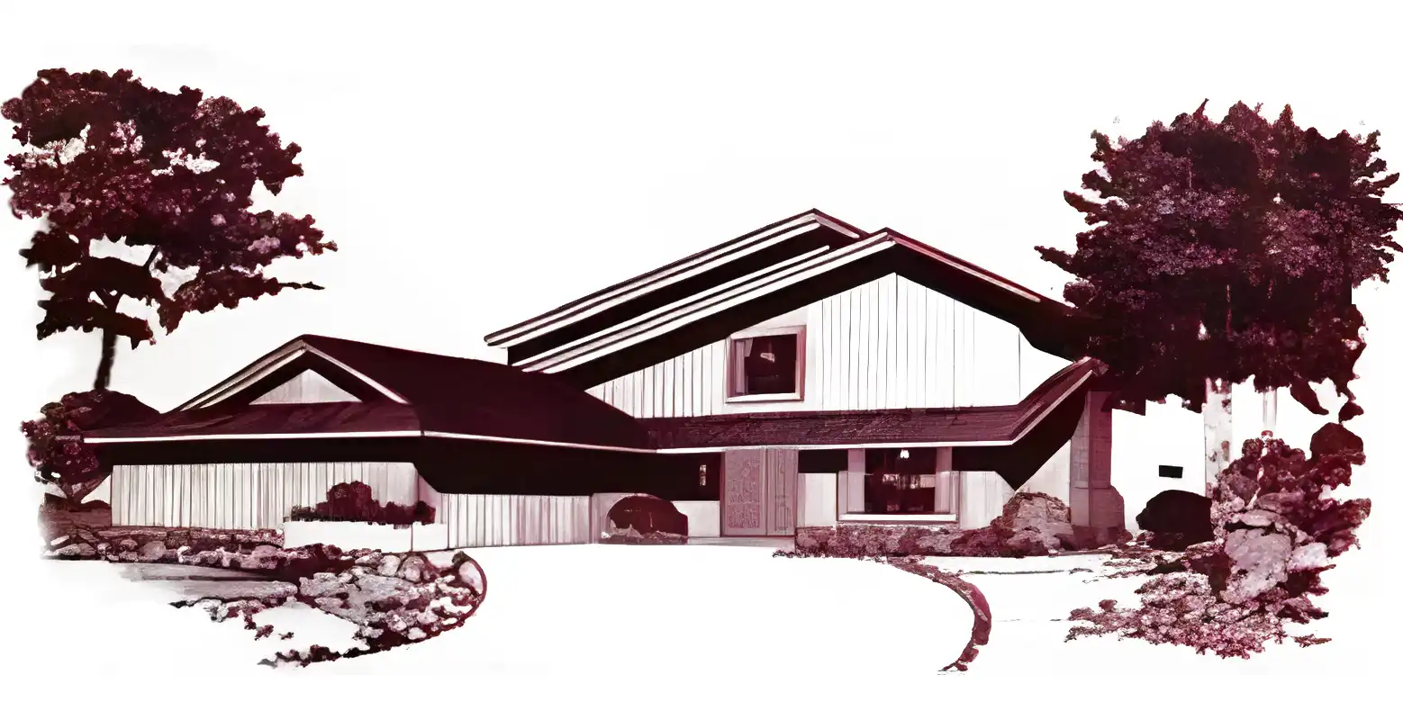 Monochrome rendering of 1960s 2 story house, variant with dutch gabled garage and 2 offset gables on house.