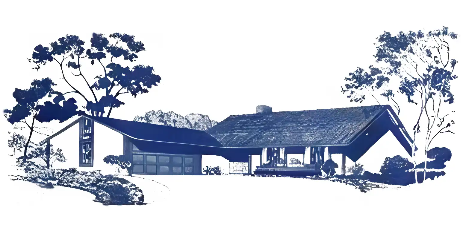 Monochrome rendering of 1960s ranch style house, simple gable roof variant.