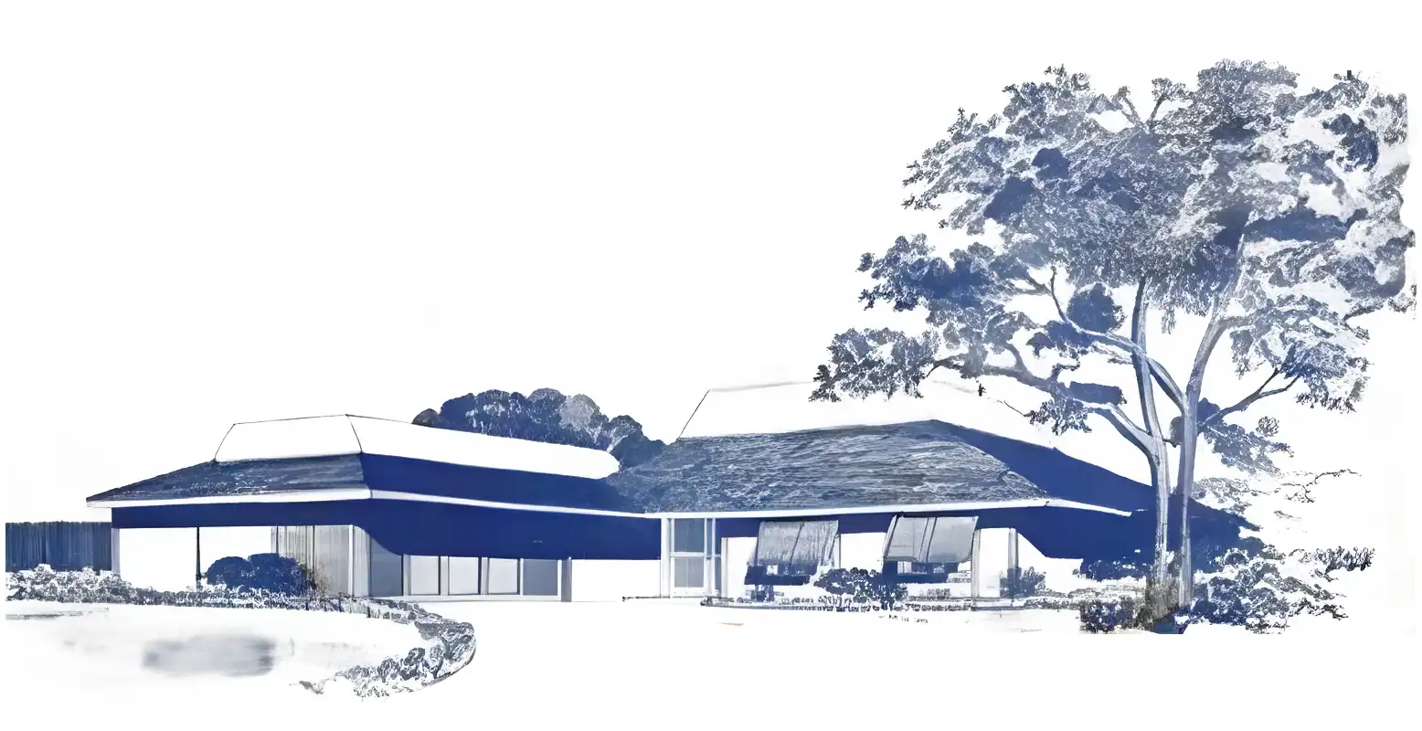 Monochrome rendering of 1960s ranch style house, variant with flat-topped dutch gable roof.