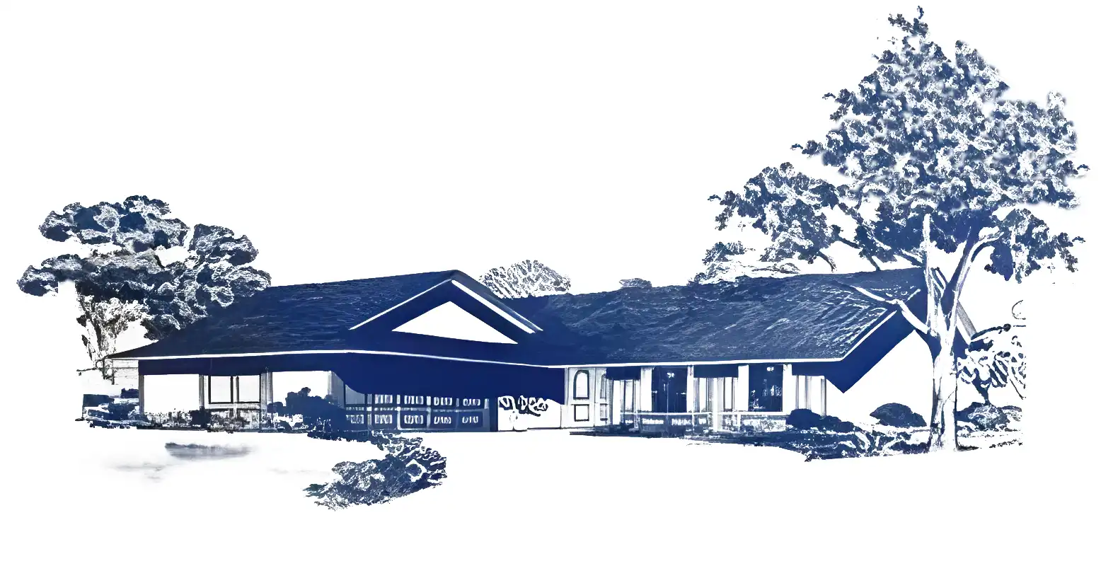 Monochrome rendering of 1960s ranch style house, variant combining gable roof with dutch gable over garage.