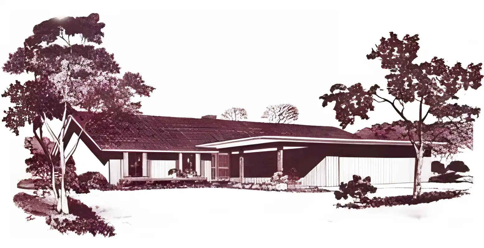 Monochrome rendering of 1960s ranch style house, variant combining gable roof and flat roofed garage.