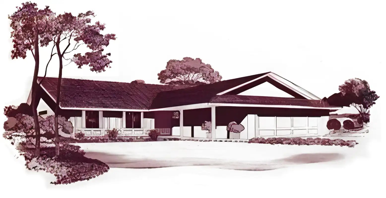 Monochrome rendering of 1960s ranch style house, variant combining gable roof with dutch gable over garage.