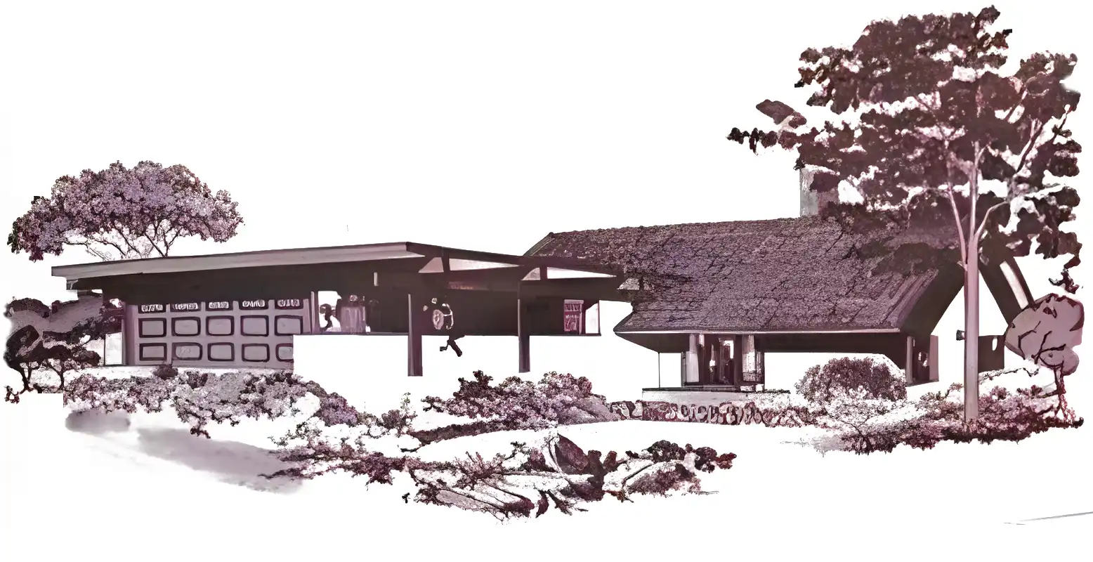 Monochrome rendering of 1960s split level ranch style house, variant combining gable roof with flat roofed garage.