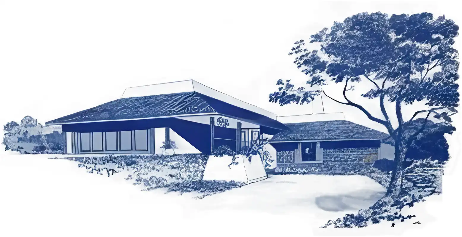 Monochrome rendering of 1960s split level ranch style house, variant with flat topped dutch gable roofs.