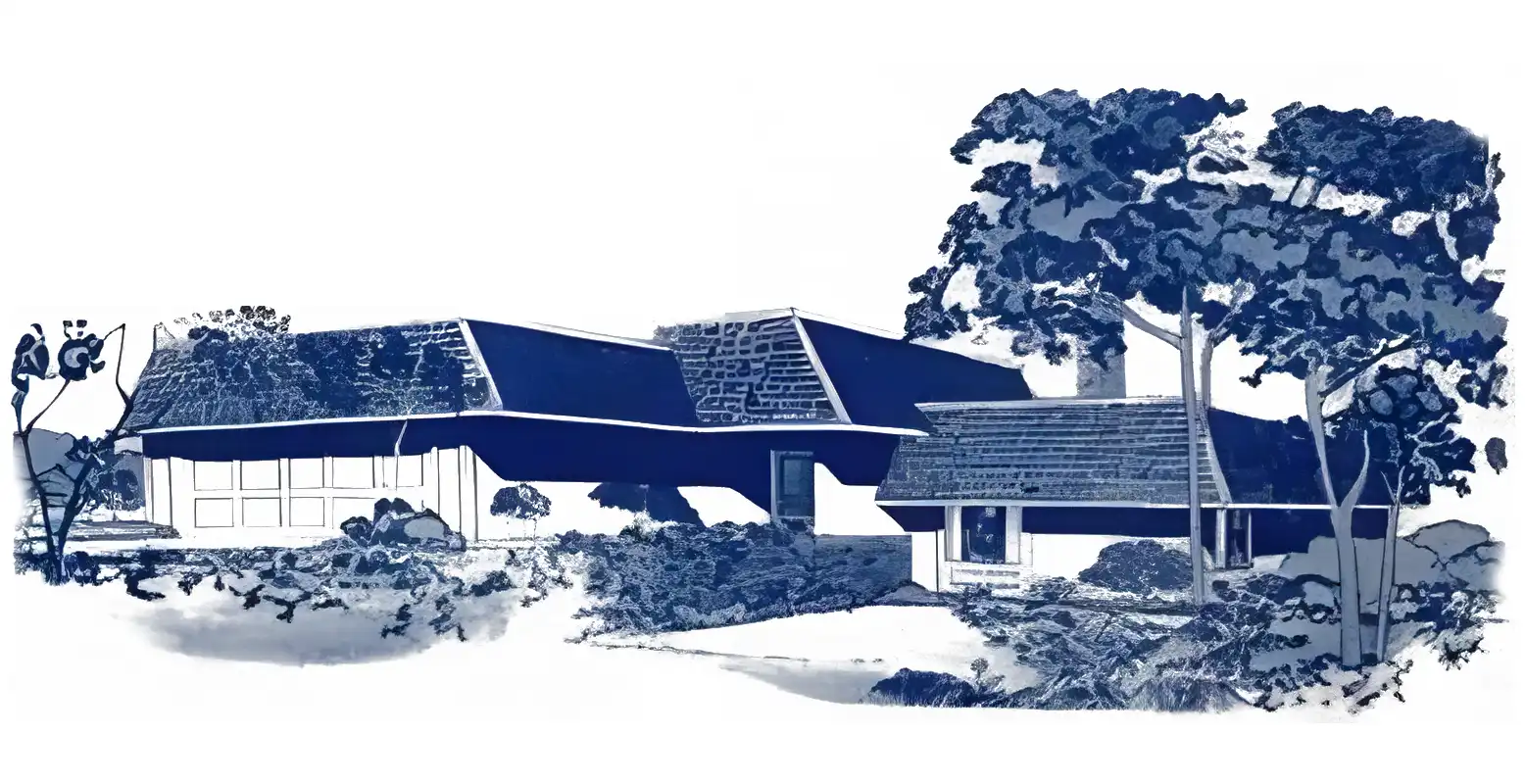 Monochrome rendering of 1960s split level ranch style house, variant mansard roofs.