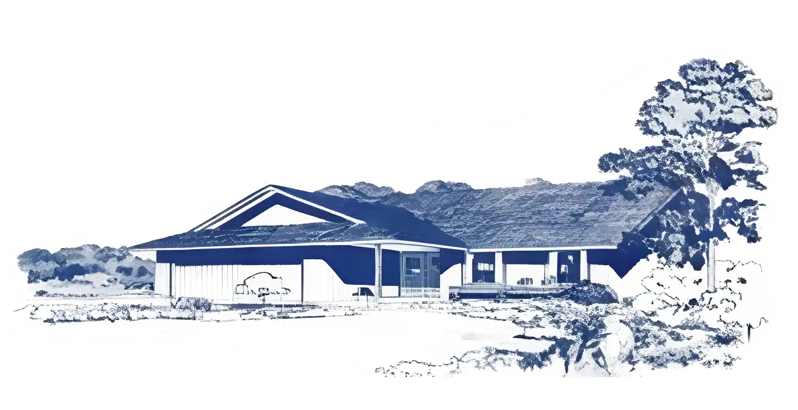 Monochrome rendering of 1960s ranch style house, variant combining gable roof with dutch gable over garage.