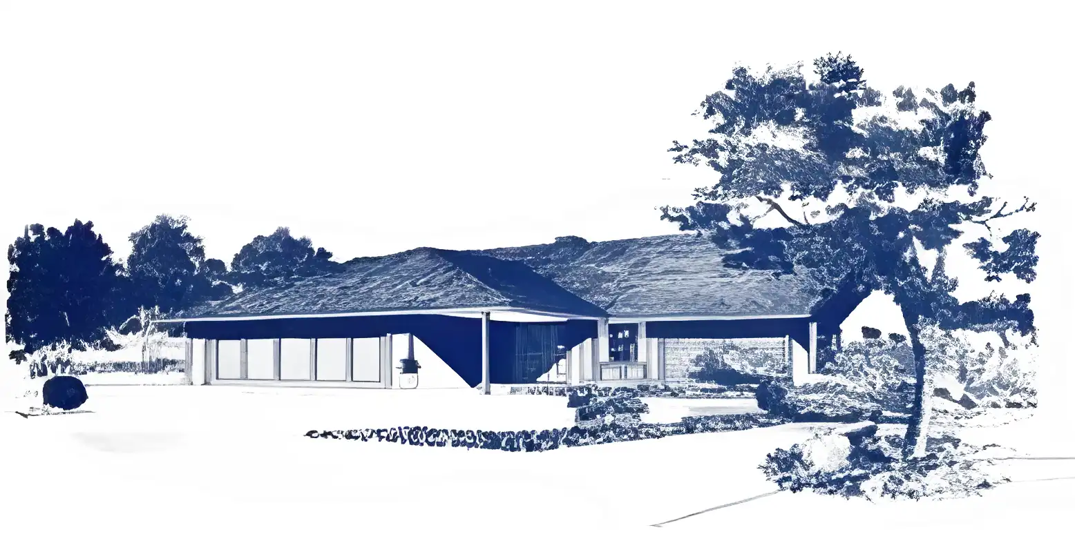 Monochrome rendering of 1960s ranch style house, variant with hip roofs.