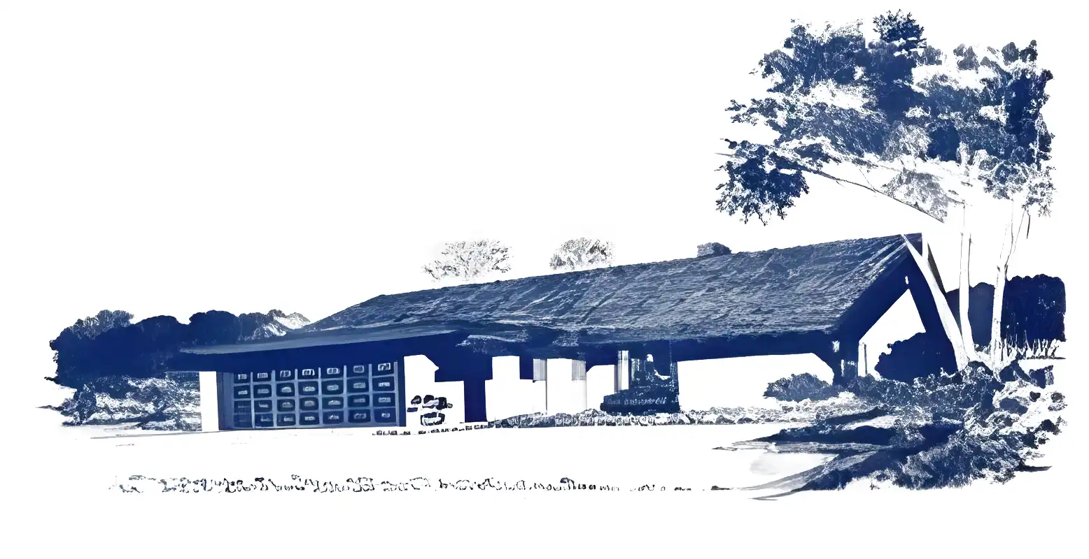 Monochrome rendering of 1960s ranch style house, variant combining gable roof and flat roofed garage.