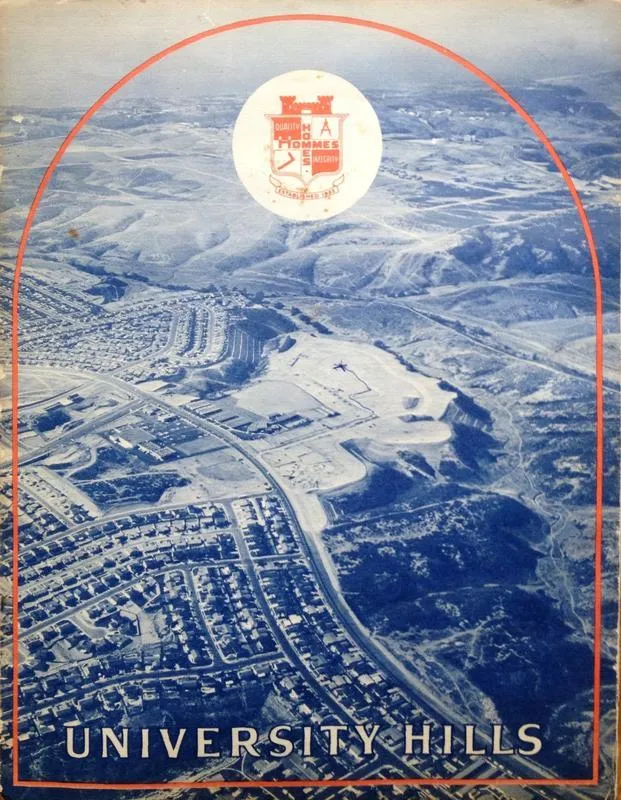 Cover of University Hills Marketing Brochure showing aerial view of undeveloped land north east of Governor and Genesee.