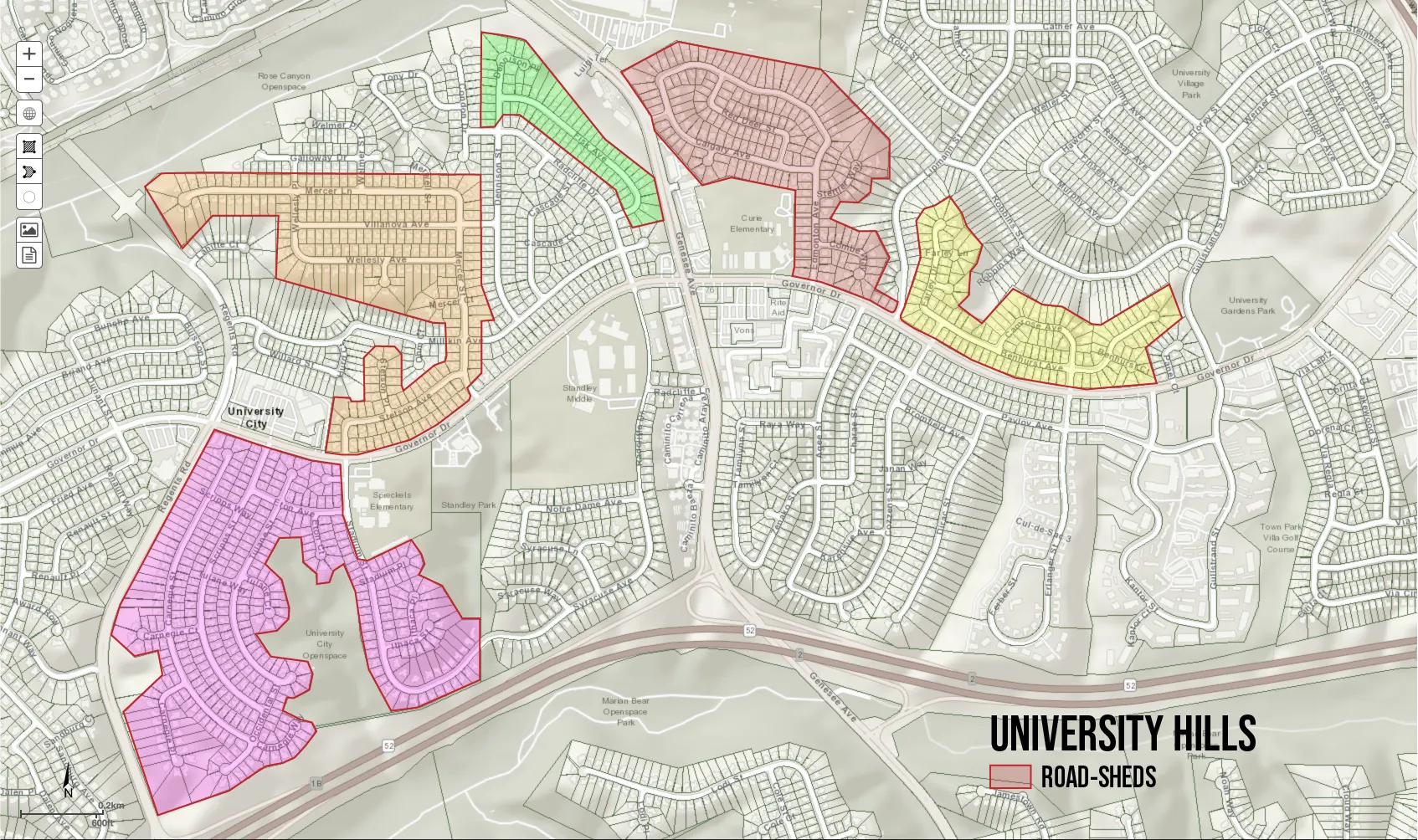 Map with overly of 5 road sheds of University Hills.